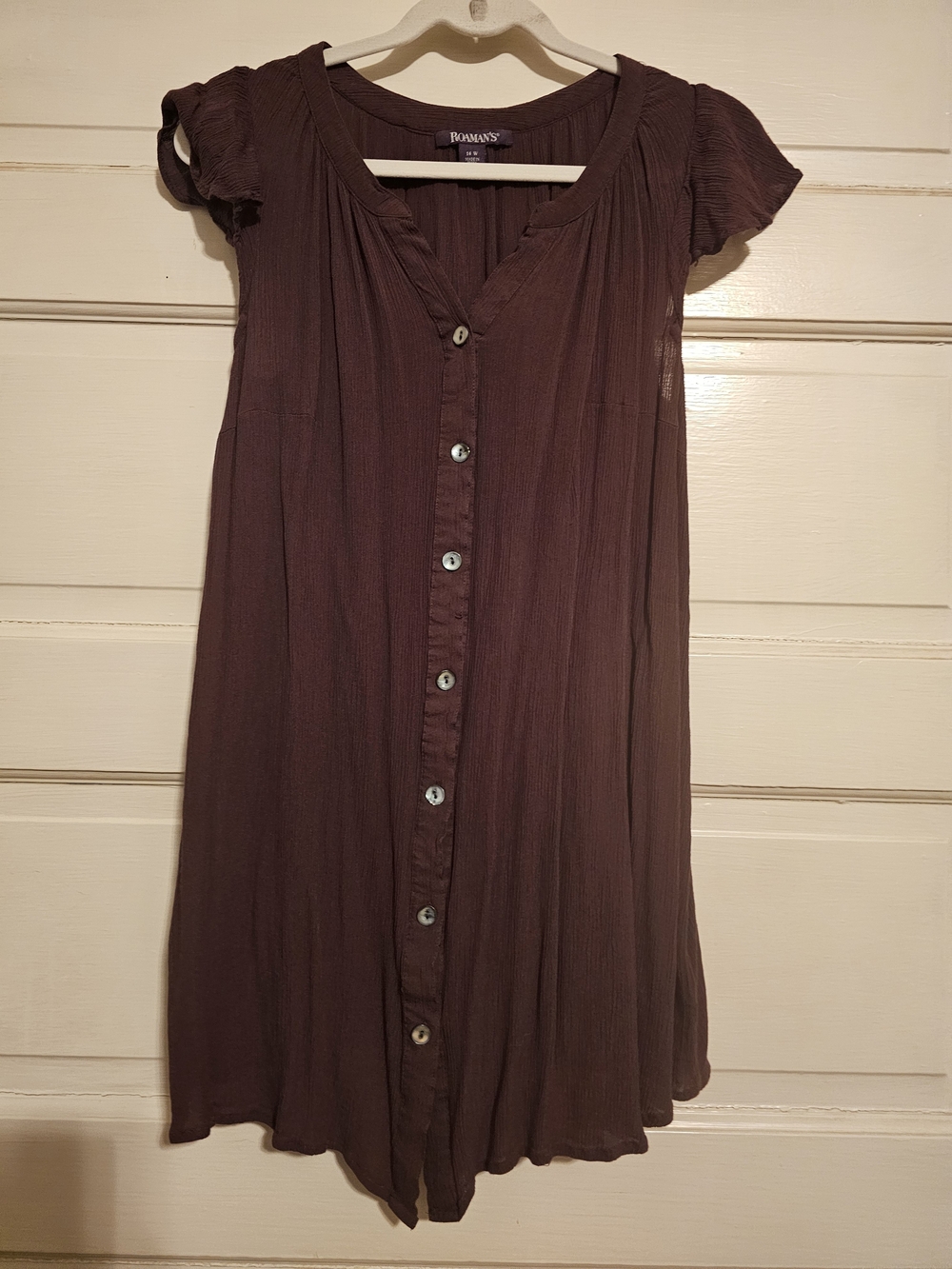 Roaman’s Chocolate Brown Crinkle Button-Front Tunic Top Or Dress Plus Size 14W